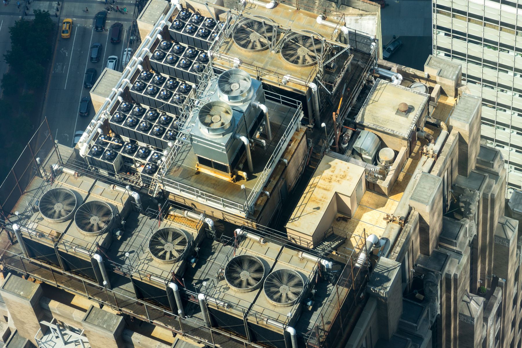 Aerial view of multiple rooftop equipment units